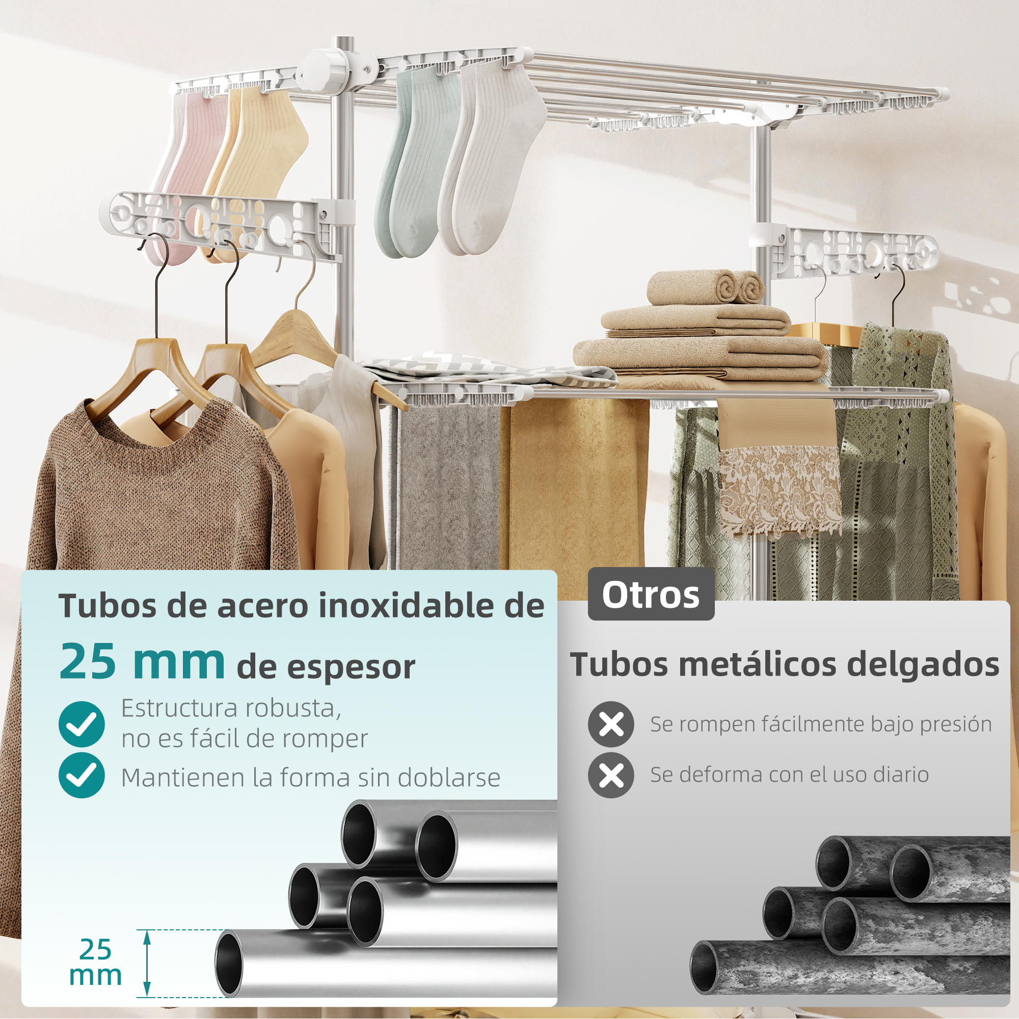 Un tendedero con ropa, toallas y calcetines, mostrando una comparación de tubos de acero gruesos y delgados.