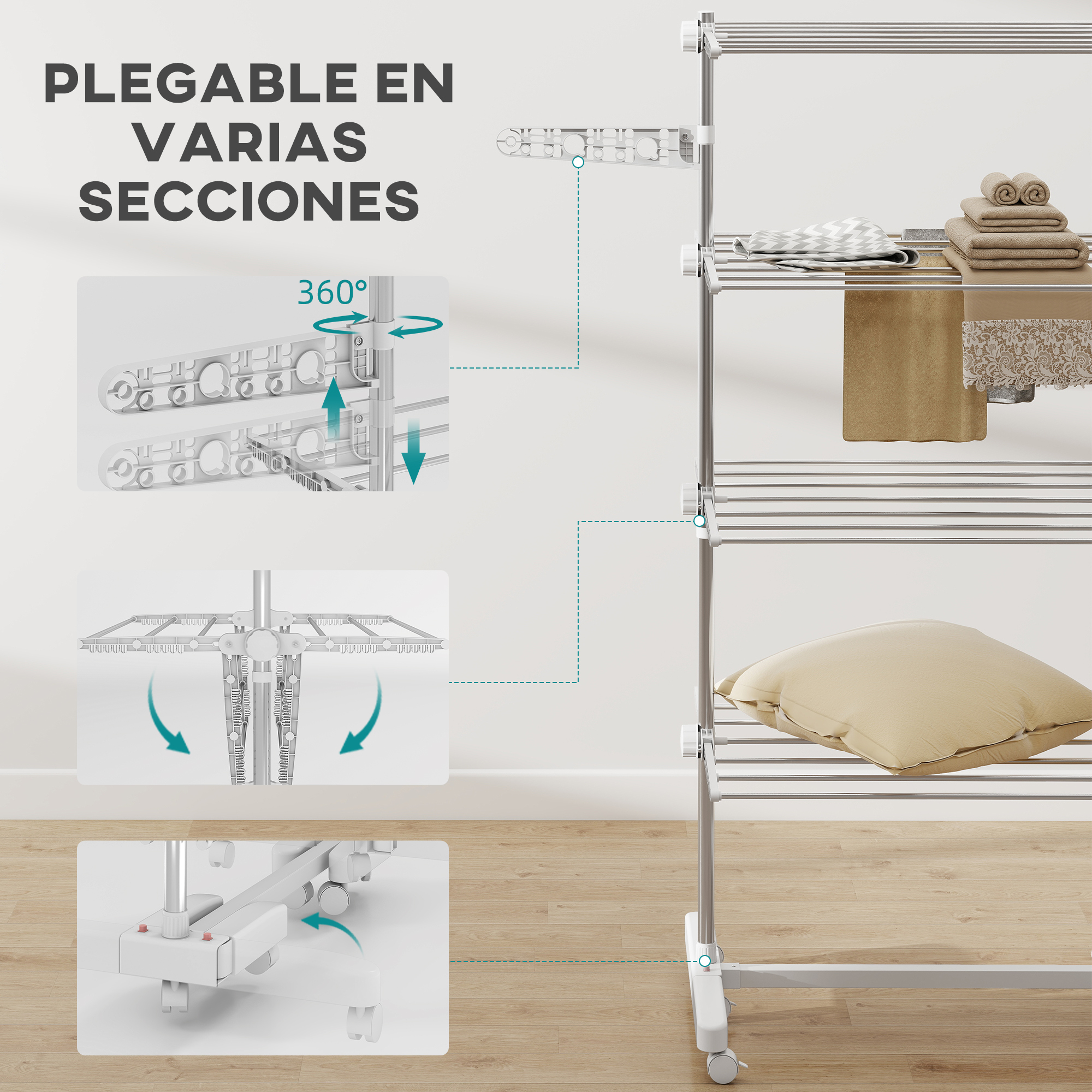 Tendedero de metal de varios niveles con secciones plegables, toallas, cojín y diagramas técnicos de rotación.