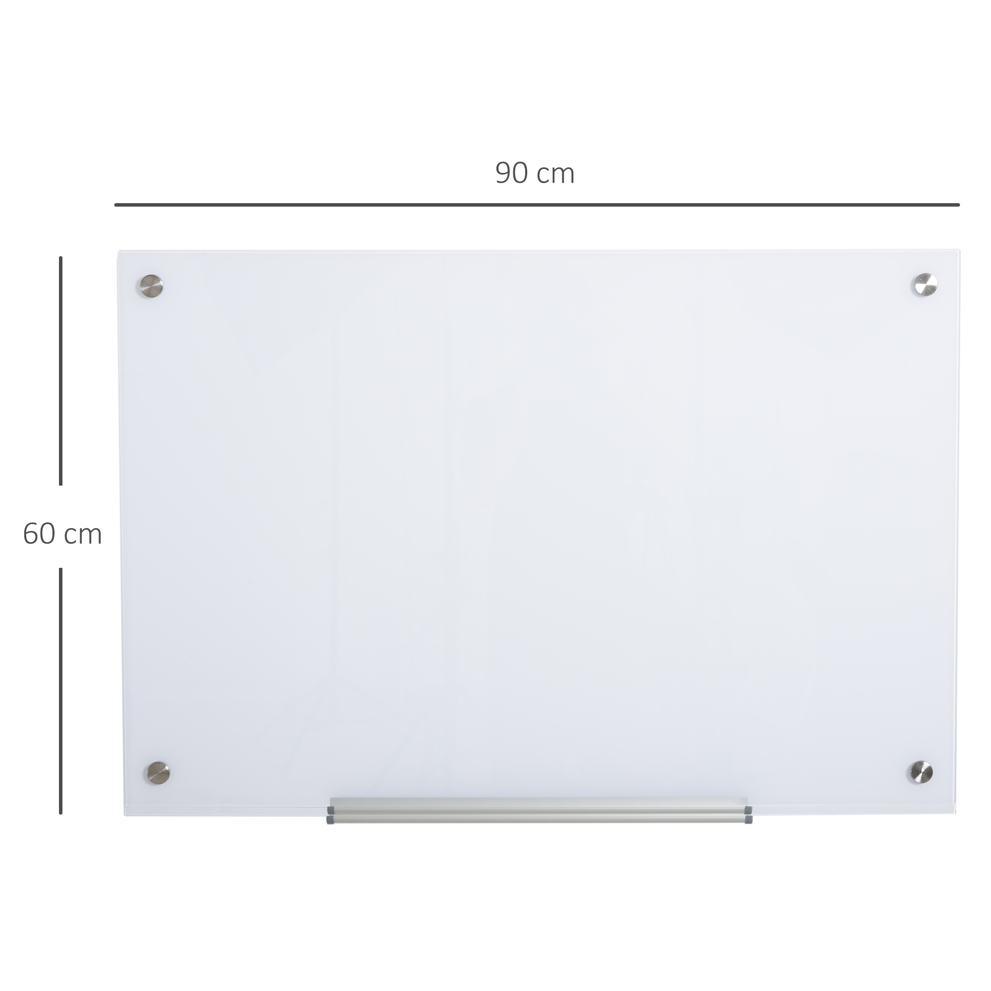 Pizarra blanca de vidrio rectangular, 90 cm de ancho y 60 cm de alto, con pernos de montaje de metal y bandeja.