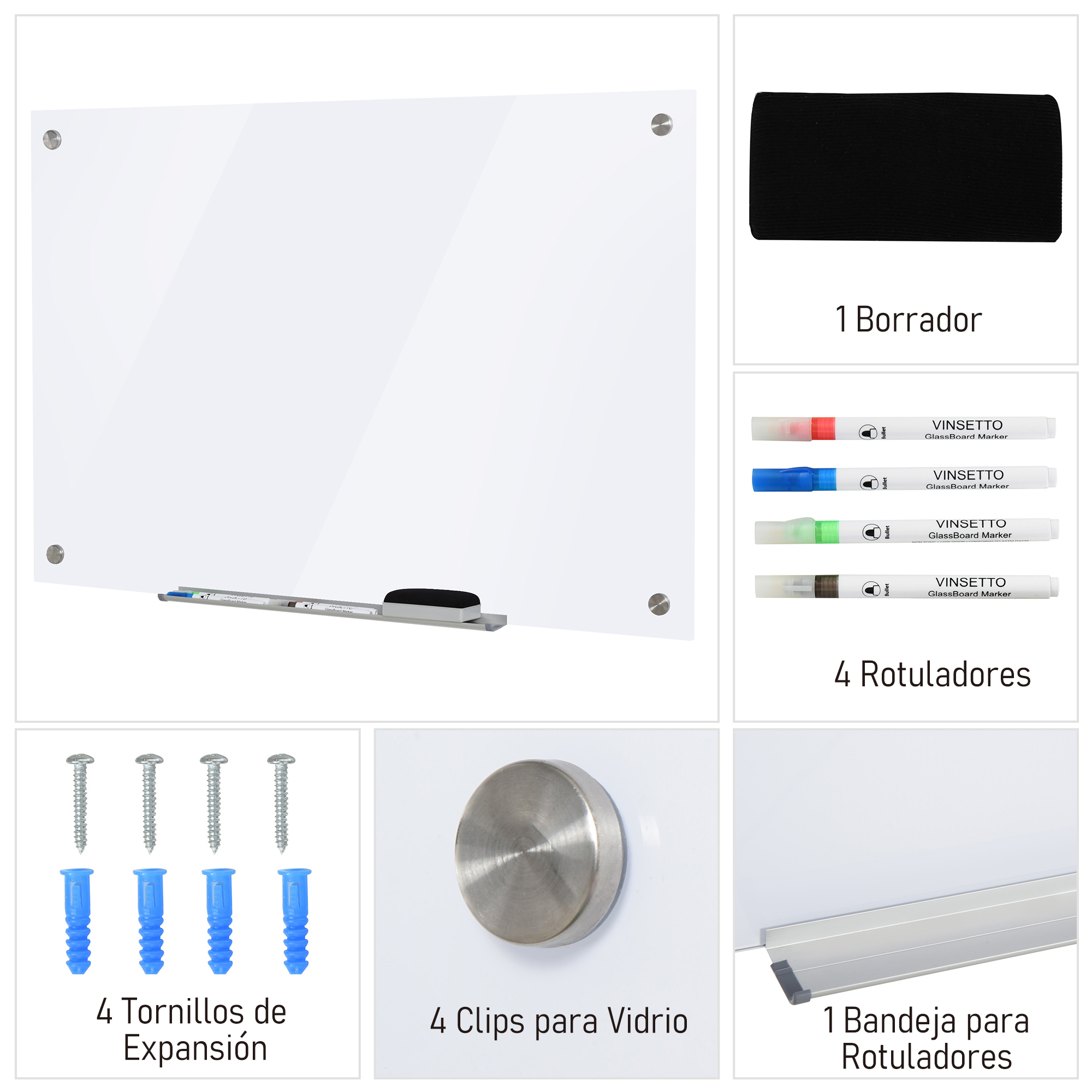 Pizarra magnética de vidrio con 1 borrador, 4 rotuladores, 4 tornillos de expansión, 4 clips para vidrio y 1 bandeja para rotuladores.