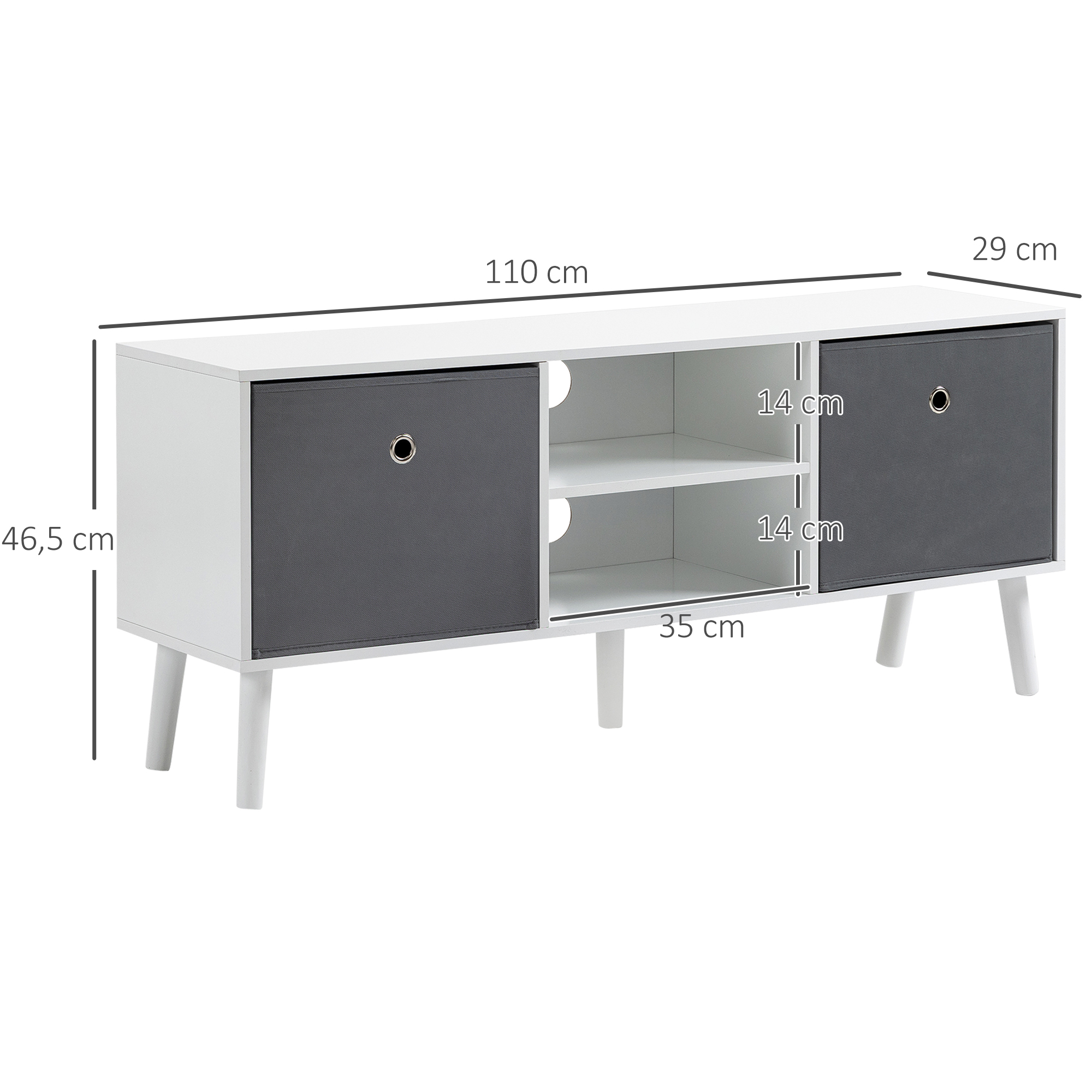 Mueble TV blanco con dos cajones de tela gris y estantes abiertos, mostrando dimensiones sobre fondo blanco.