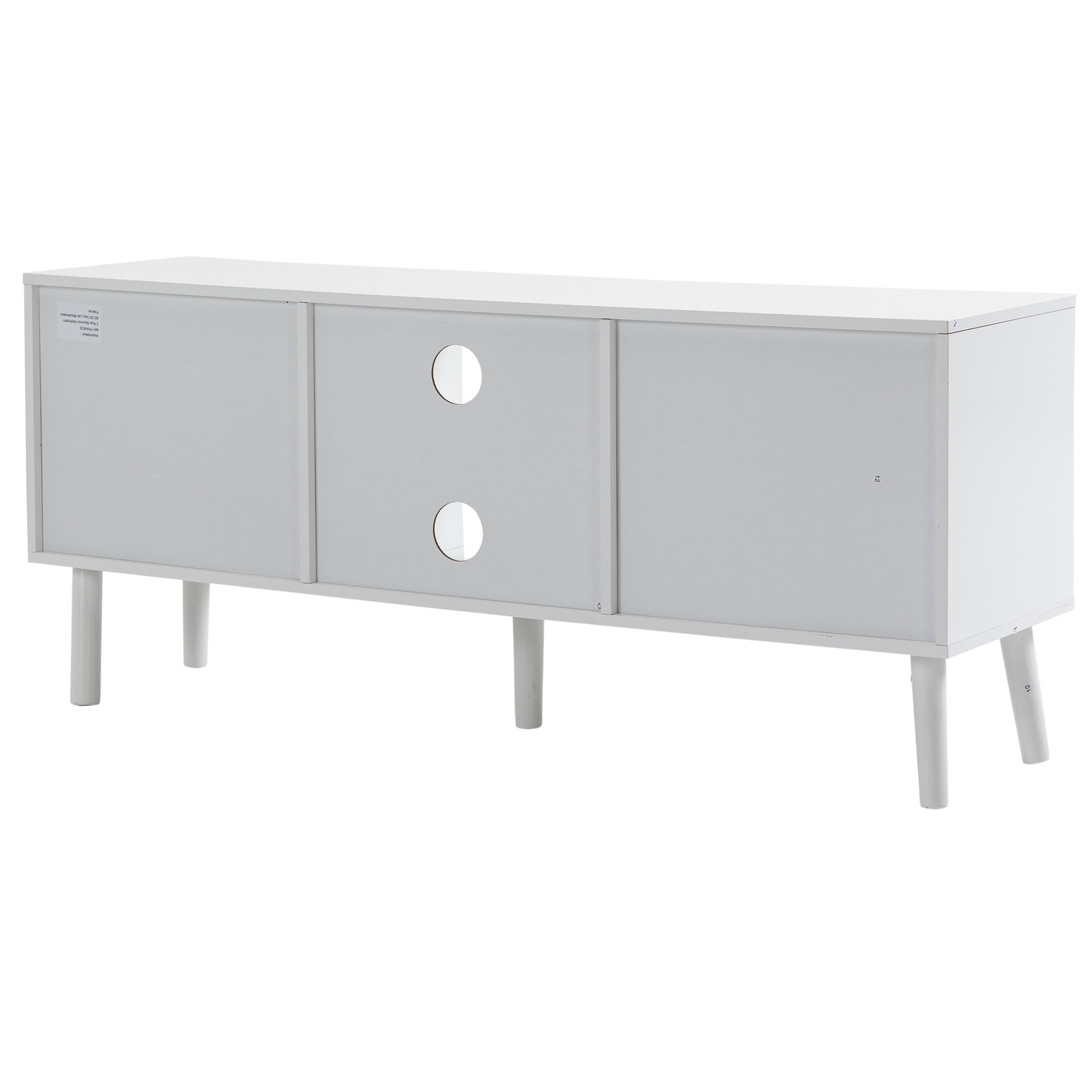 Vista trasera de un mueble de TV blanco con cinco patas redondas de madera y dos agujeros para cables sobre fondo blanco.