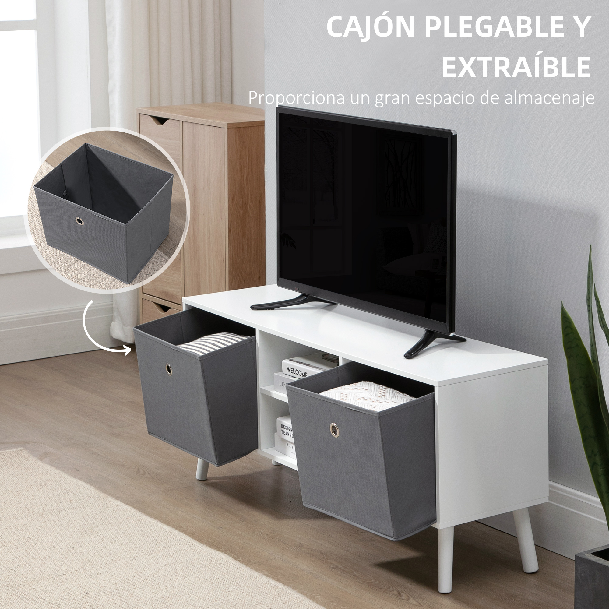 Mueble de TV blanco con televisor negro y dos cajas de tela grises. Un círculo insertado muestra una caja gris aislada.