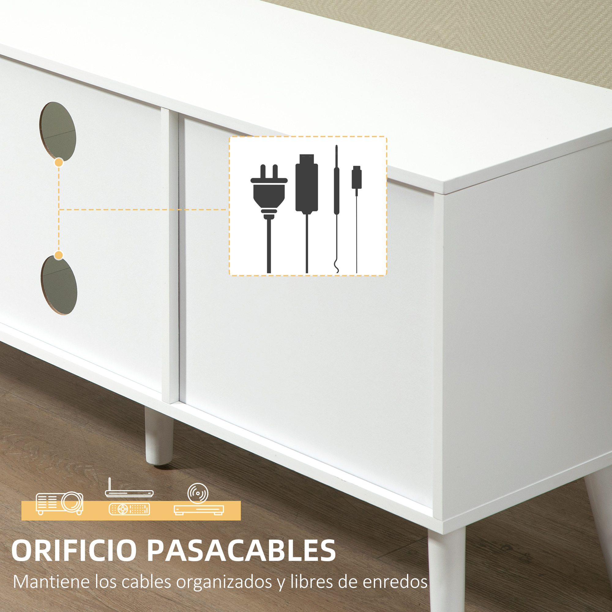 Mueble de TV blanco con orificios pasacables sobre suelo de madera, con iconos.