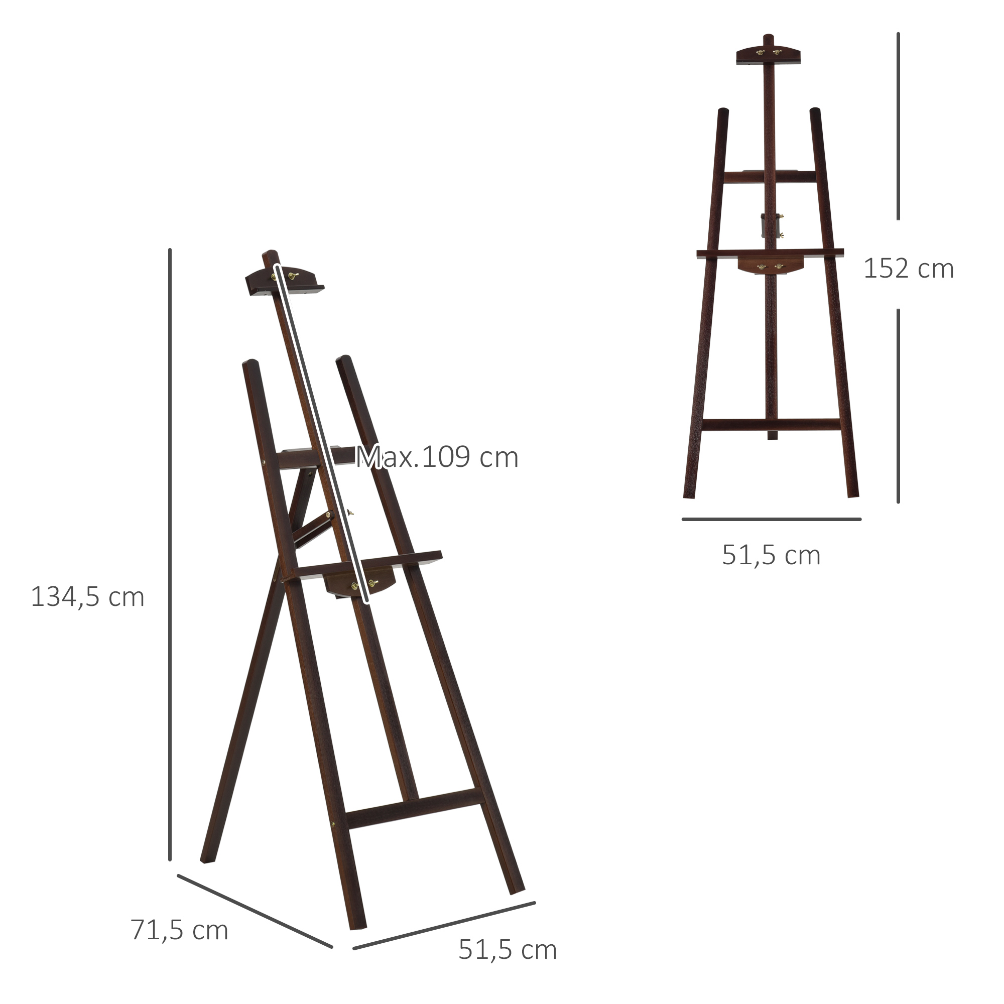 Caballete de madera con dimensiones: altura hasta 152 cm, ancho 51,5 cm, profundidad 71,5 cm y altura máx. de lienzo 109 cm.