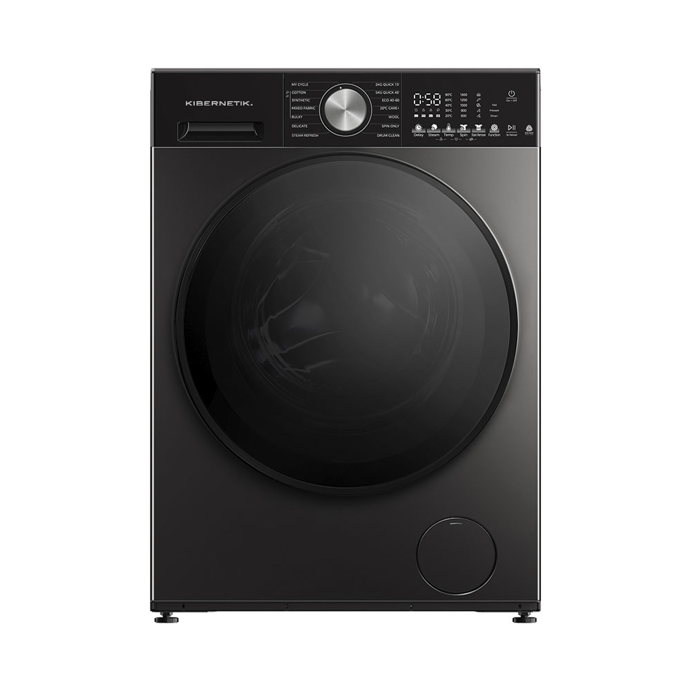Vue de face d'un lave-linge Kibernetik noir moderne avec écran numérique et sélecteur.