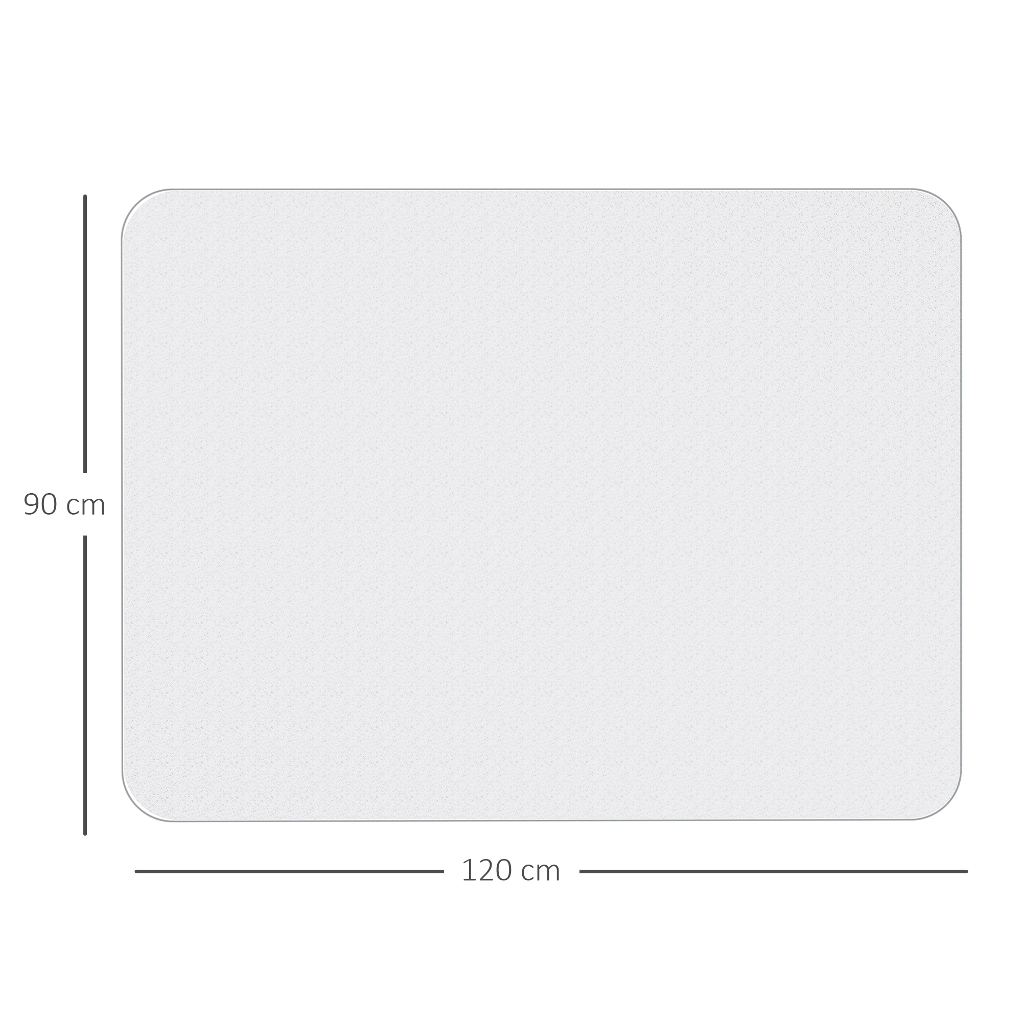 Una estera rectangular transparente de 90 cm por 120 cm sobre fondo blanco.