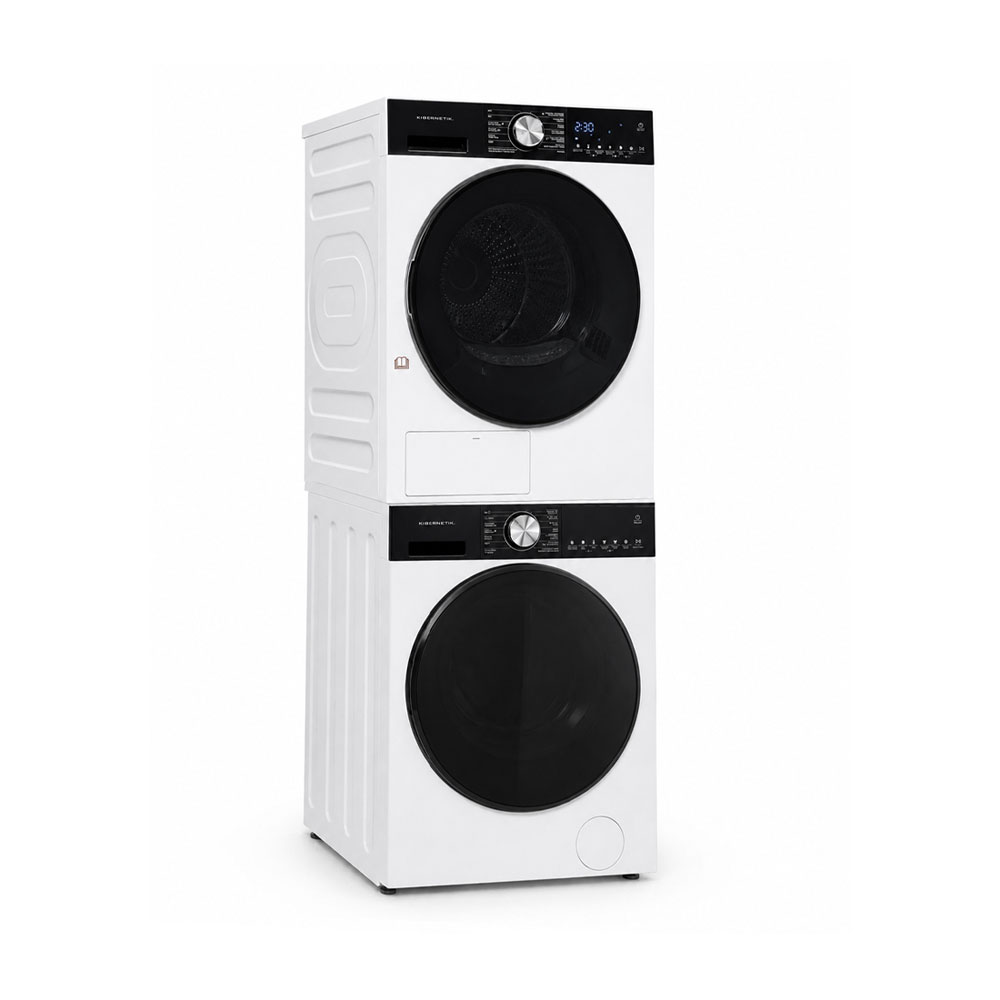 Une tour de lavage blanche avec un lave-linge en bas et un sèche-linge en haut, sur fond blanc.