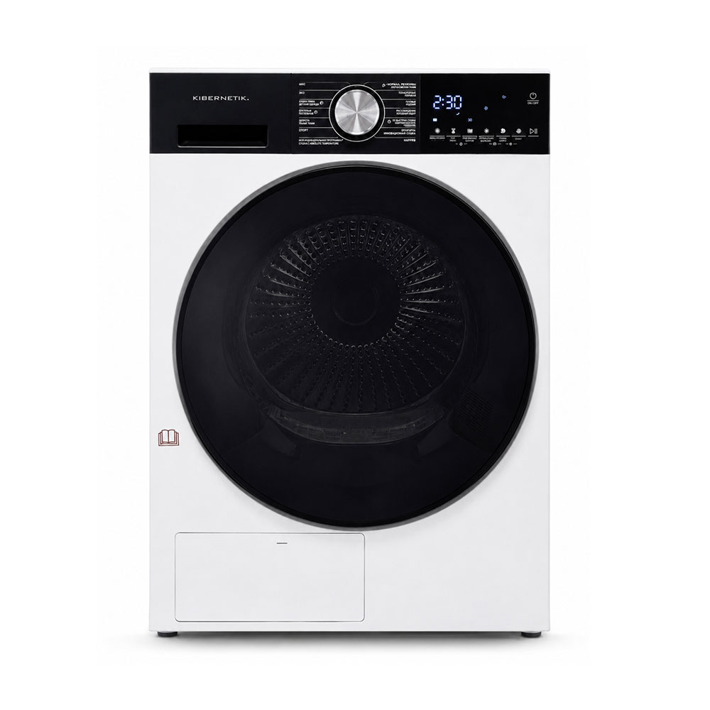 Un lave-linge Kibernetik blanc et noir avec une grande porte noire, un bouton central et un écran numérique.