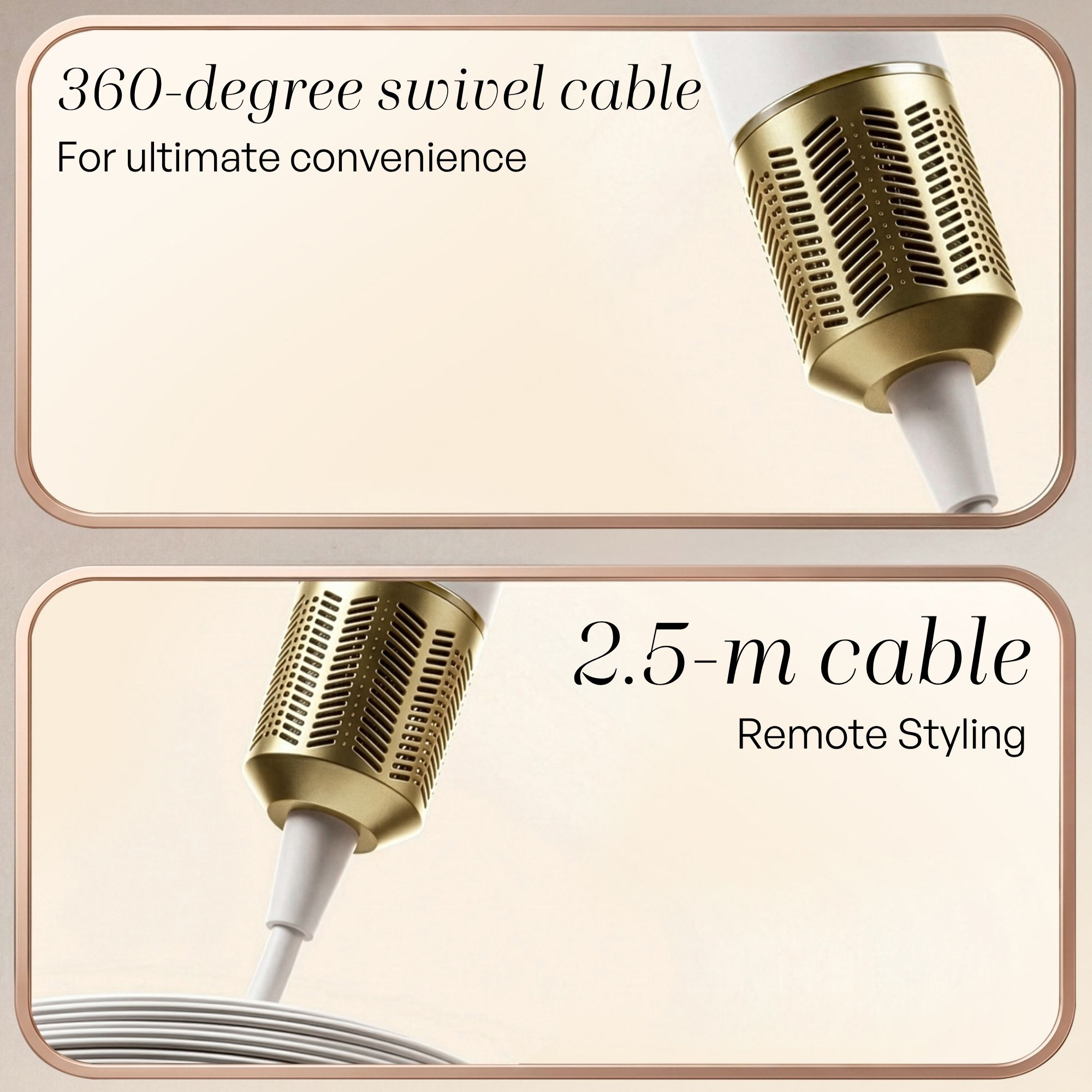 Strumento per capelli dorato con cavo girevole a 360 gradi e 2,5 m.