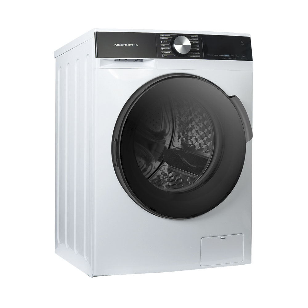 Un lave-linge blanc Kibernetik avec panneau de commande noir et hublot rond sur fond blanc.