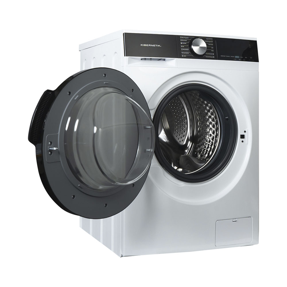 Un lave-linge blanc Kibernetik avec sa porte en verre ouverte, révélant le tambour en acier inoxydable.