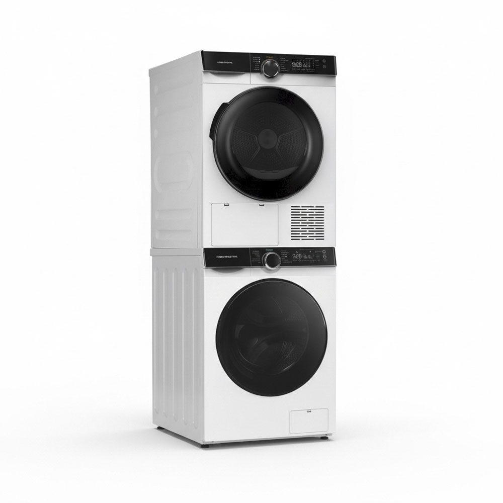 Un lave-linge et un sèche-linge blancs empilés verticalement sur un fond blanc.