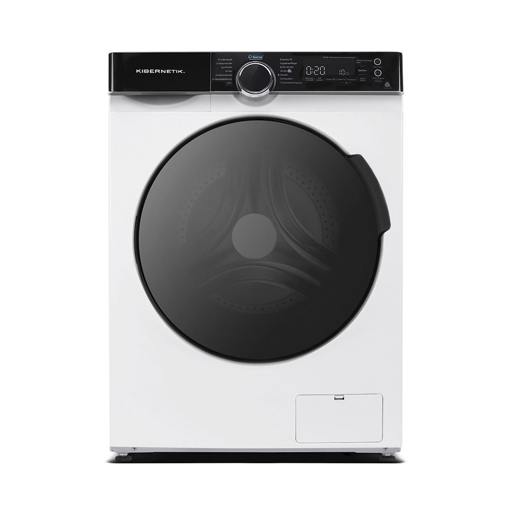 Un lave-linge blanc Kibernetik avec panneau de commande noir et porte vitrée ronde sur fond blanc.