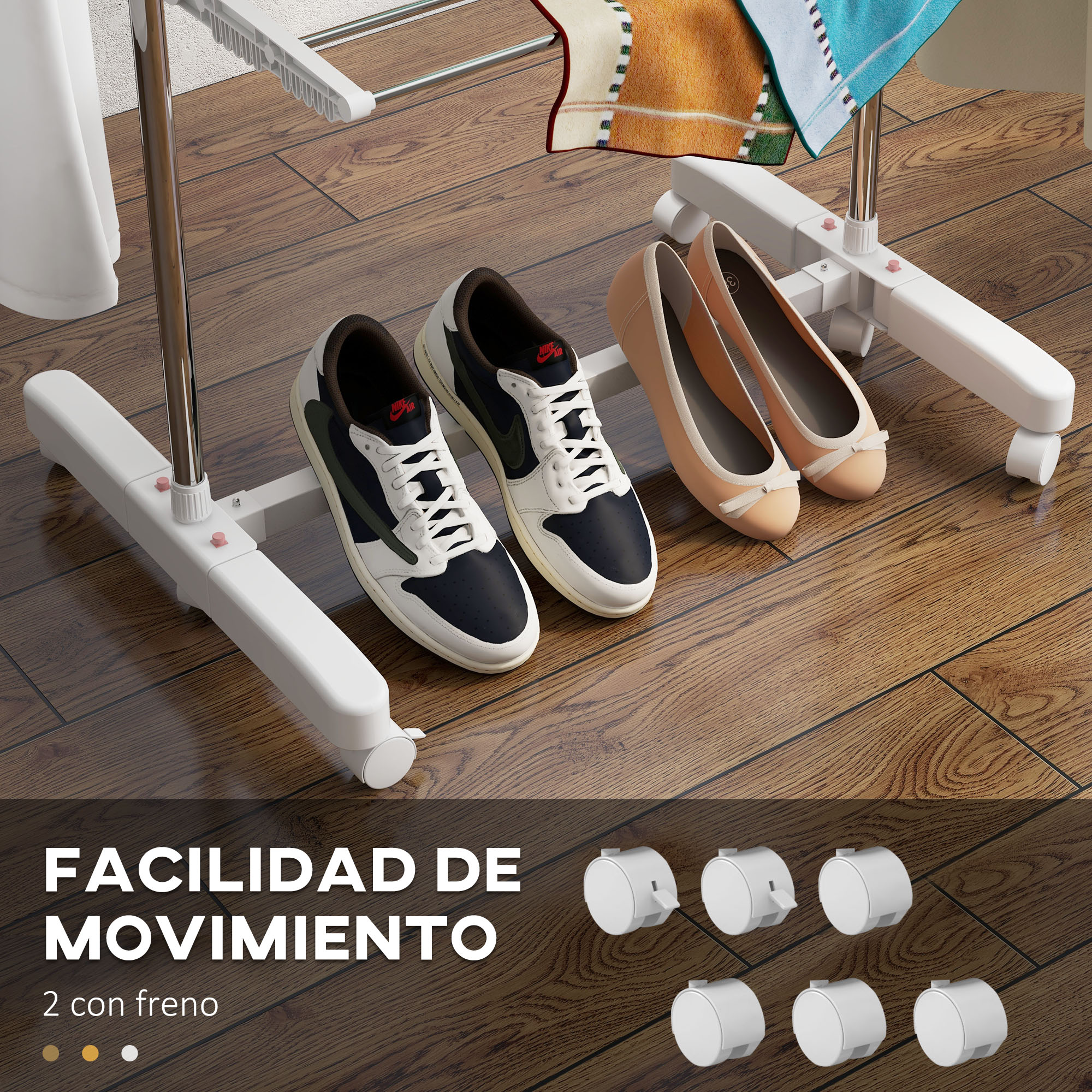 Dos pares de zapatos están bajo un tendedero en suelo de madera.