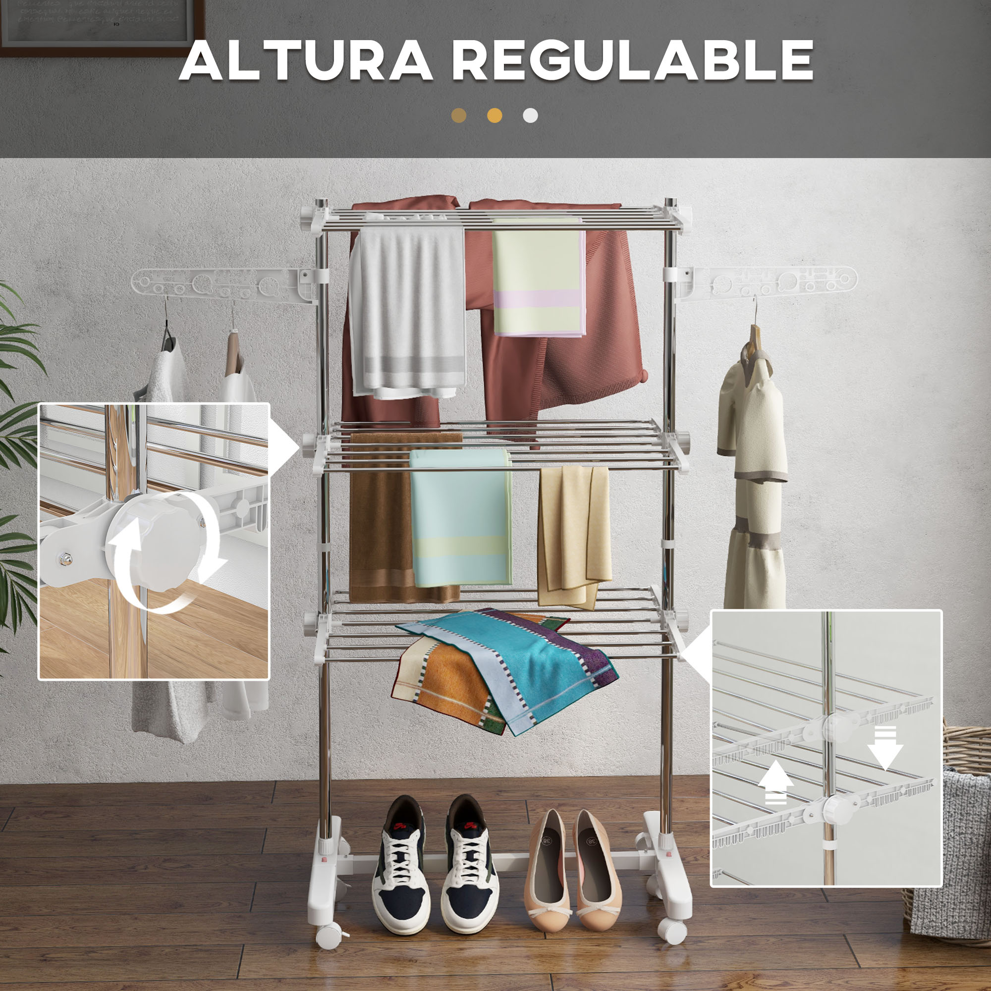 Tendedero de ropa de acero inoxidable de varios niveles con ropa colgante, toallas, zapatos y detalles ajustables.