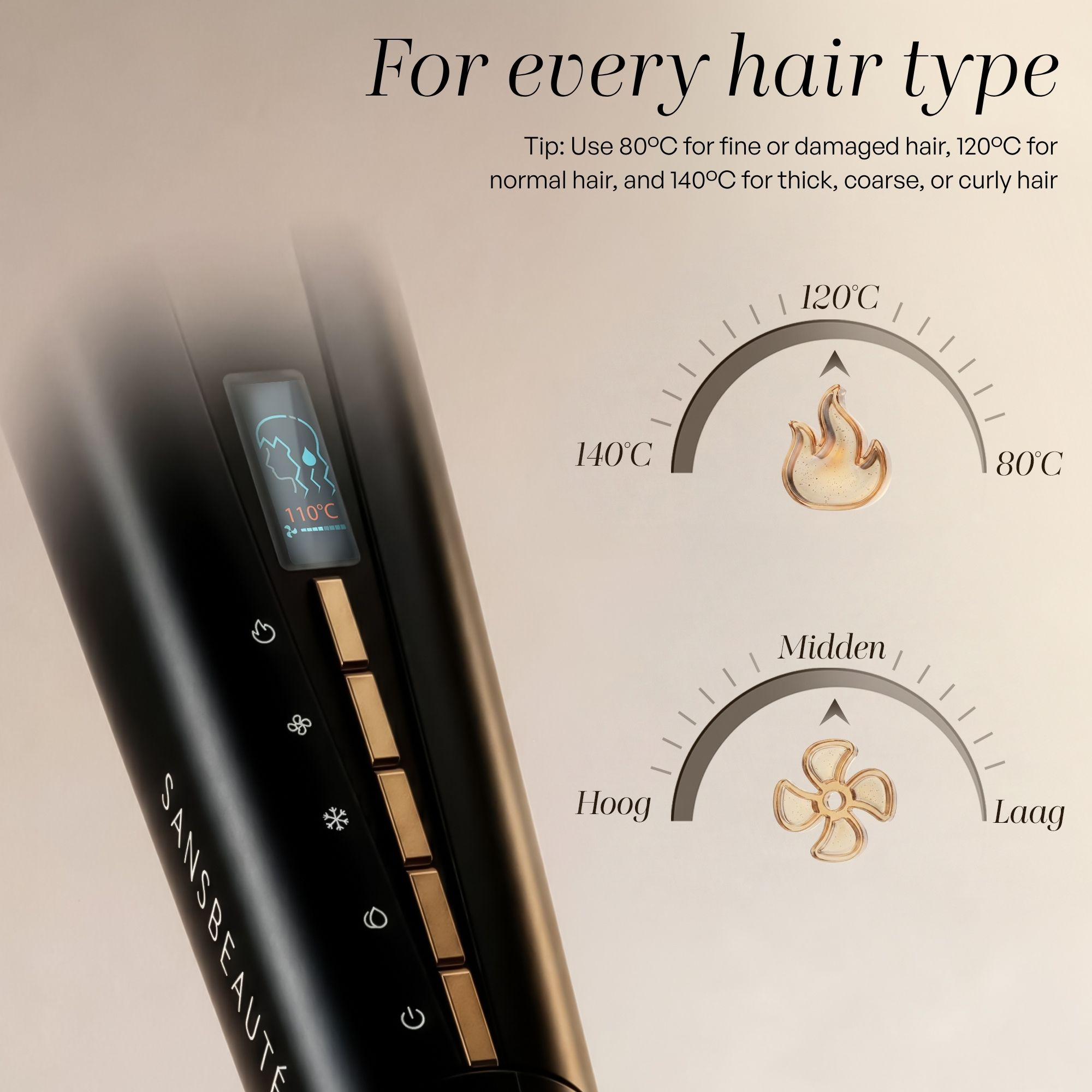 Dispositivo nero per capelli con controlli di temperatura e schermo digitale su sfondo beige.