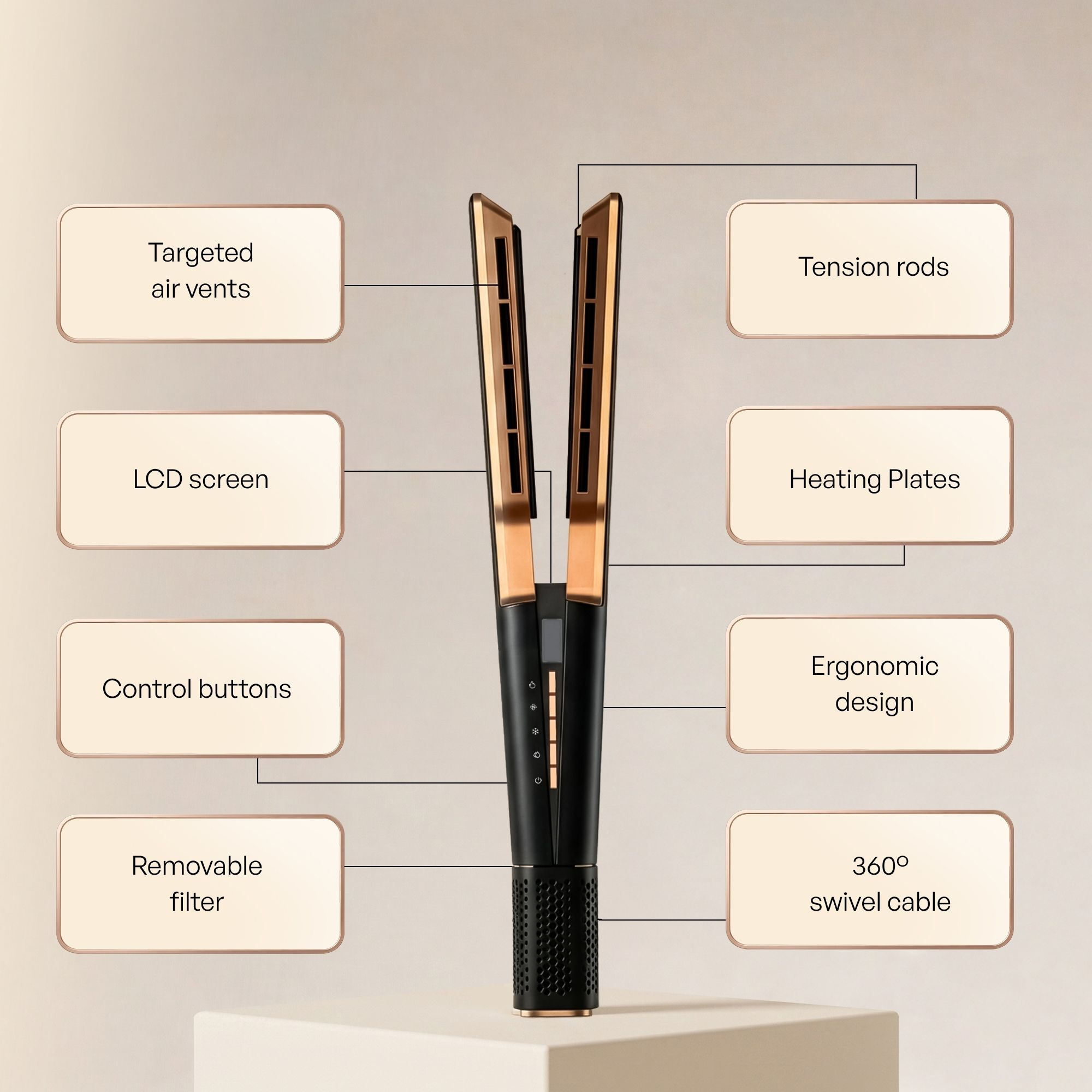 Diagramma tecnico che mostra le parti di una piastra per capelli nera e ramata.