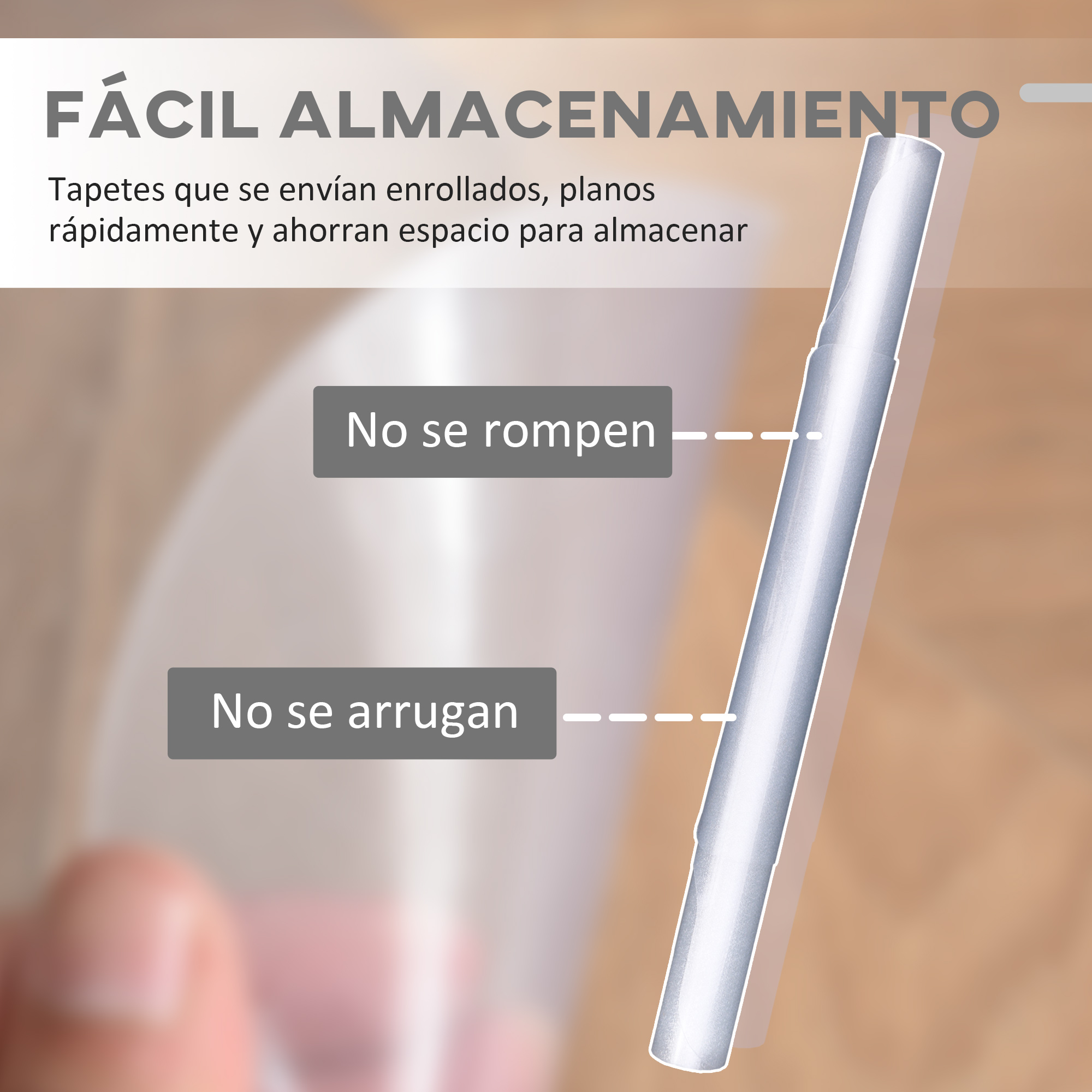 Tapete de PVC transparente que se enrolla y almacena fácilmente.