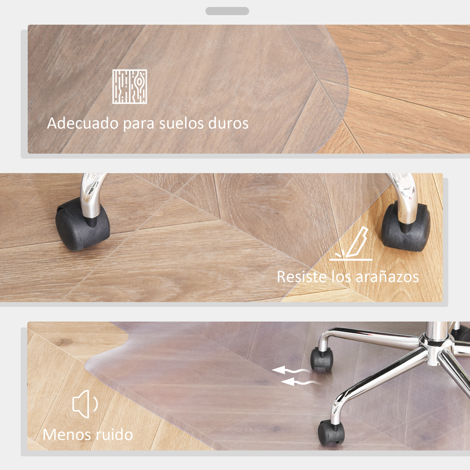 Tres imágenes muestran una alfombra transparente para silla en suelo de madera con iconos de suelo duro, arañazos y ruido.
