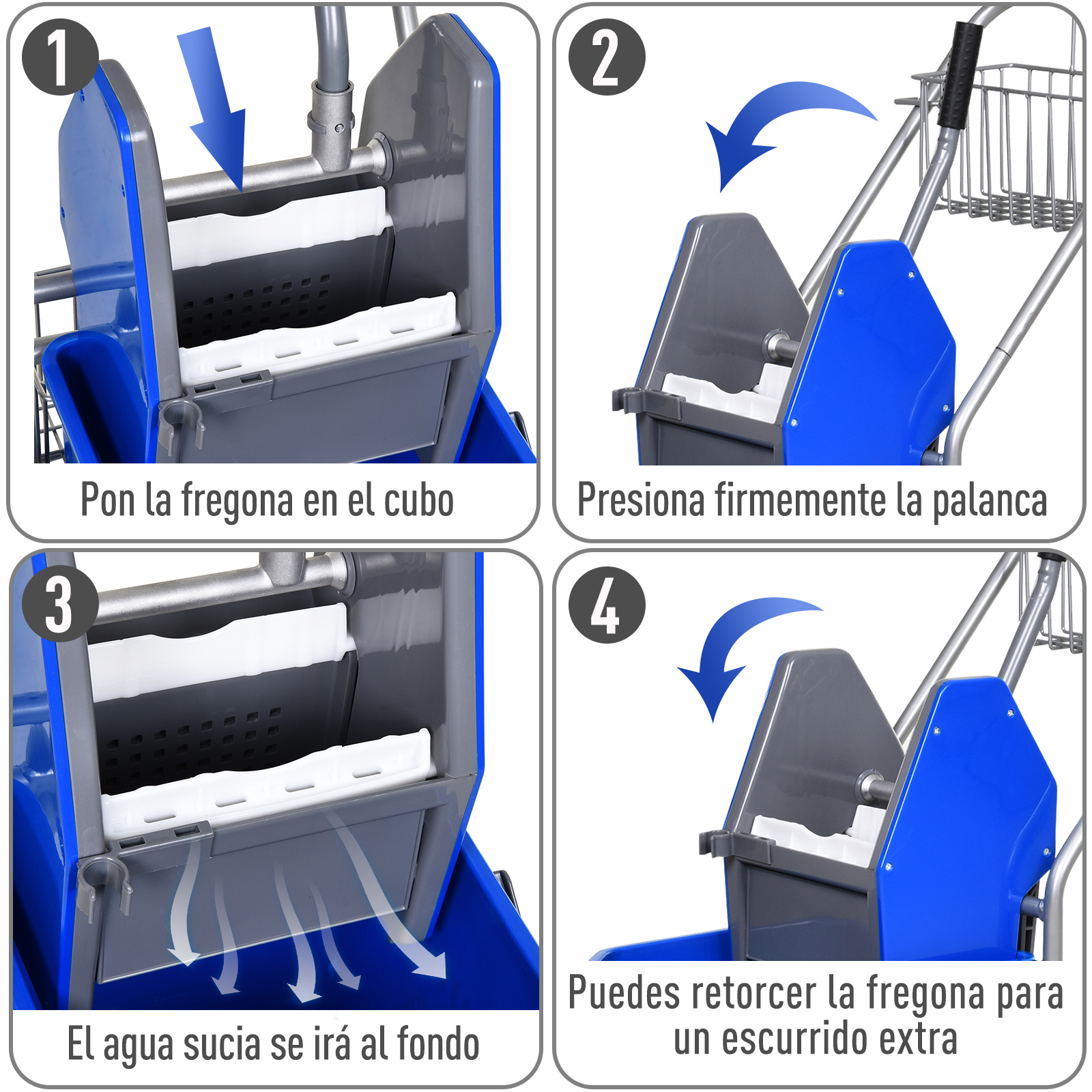 Cuatro instrucciones paso a paso que muestran cómo usar un cubo de fregona azul con escurridor.