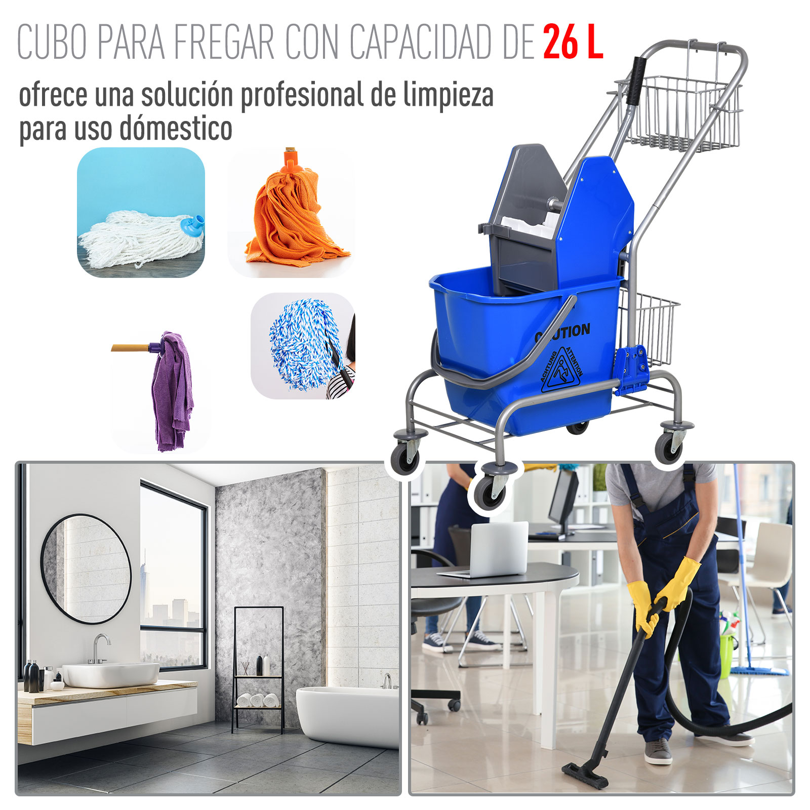 Un carro de limpieza azul, fregonas, un baño y una persona aspirando una oficina.
