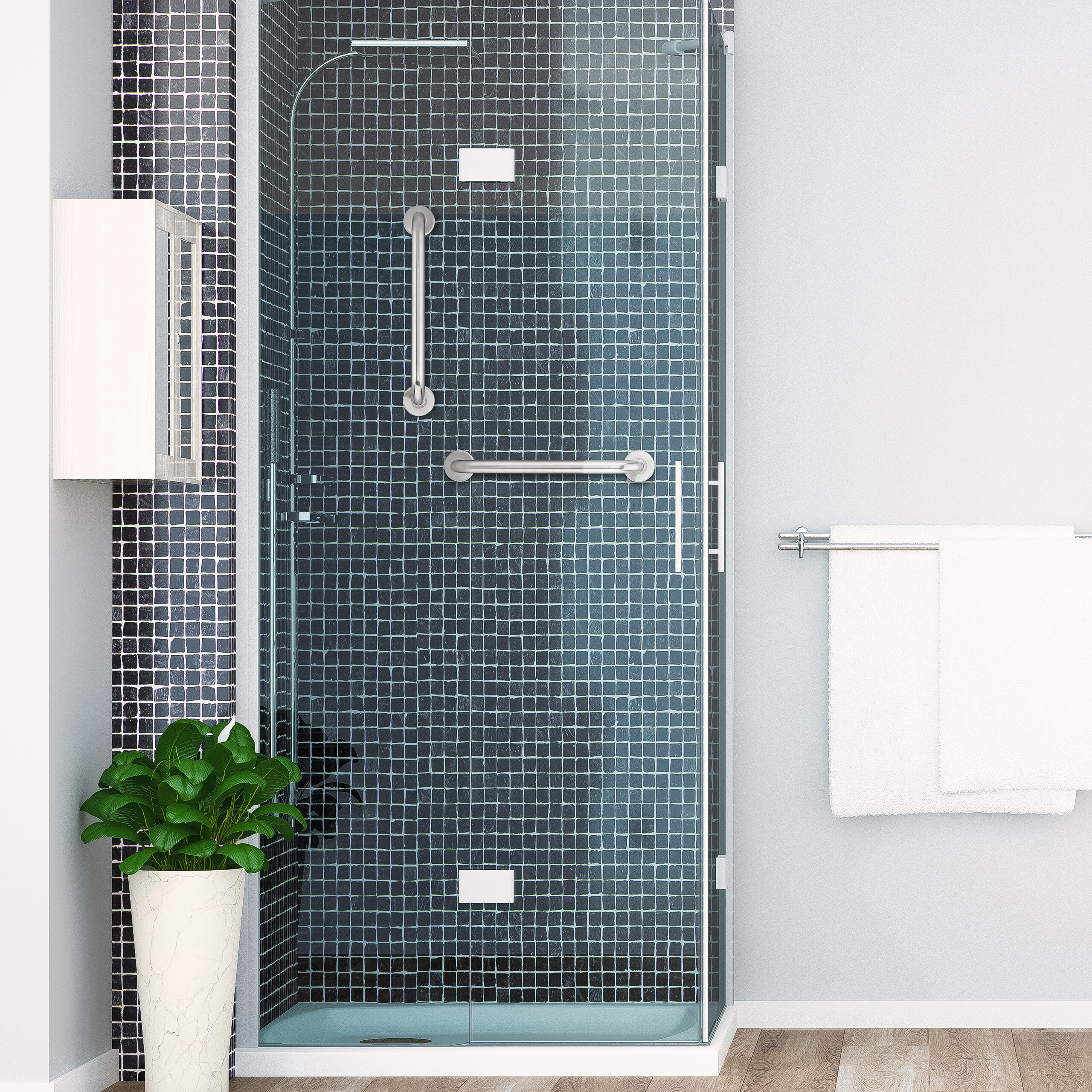 Moderne Dusche mit dunkelblauen Mosaikfliesen, Haltegriffen, weißer Topfpflanze und Handtuchhalter an der Wand.
