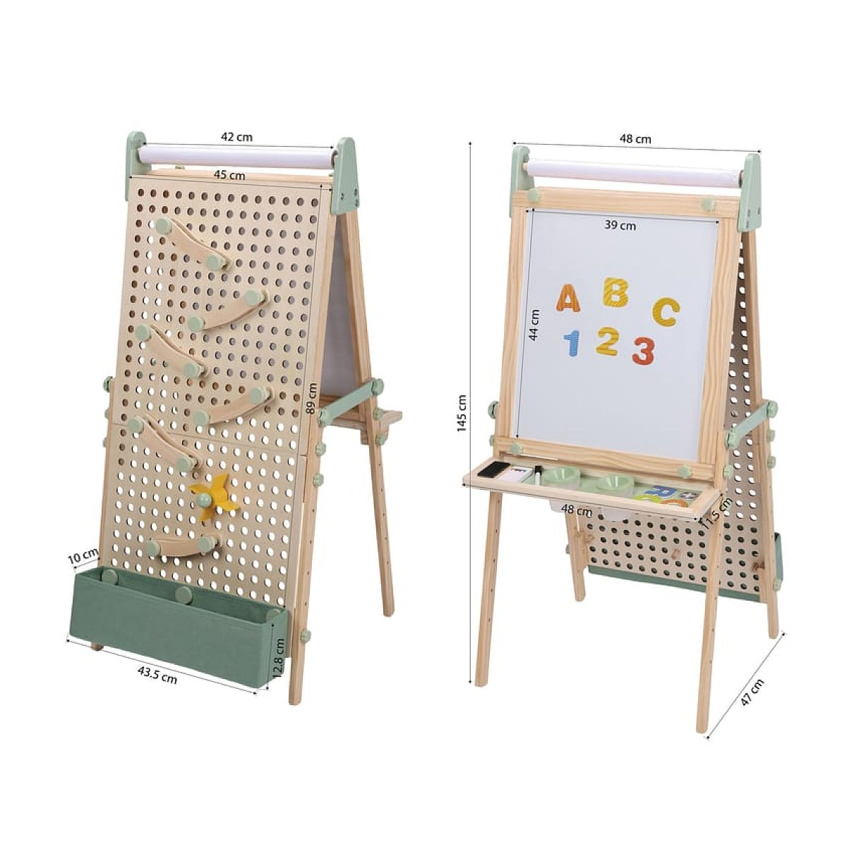 Kinder-Holzstaffelei mit Lochwand, Weißwandtafel und Maßangaben in Zentimetern.