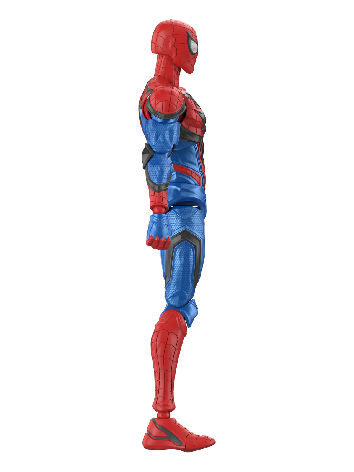Seitenansicht einer Spider-Man-Figur in rotem und blauem Hightech-Anzug auf schwarzem Hintergrund.
