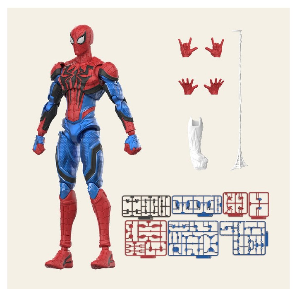 Spider-Man Actionfigur mit Zubehörteilen und Plastikmodellbau-Gießästen auf hellem Hintergrund.