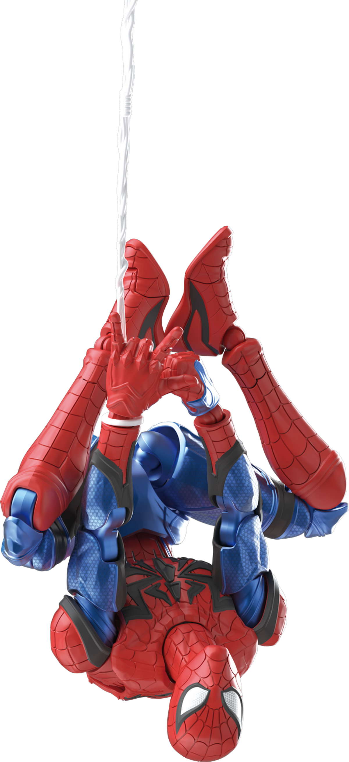 Spider-Man Actionfigur hängt kopfüber an einer weißen Schnur vor schwarzem Hintergrund.