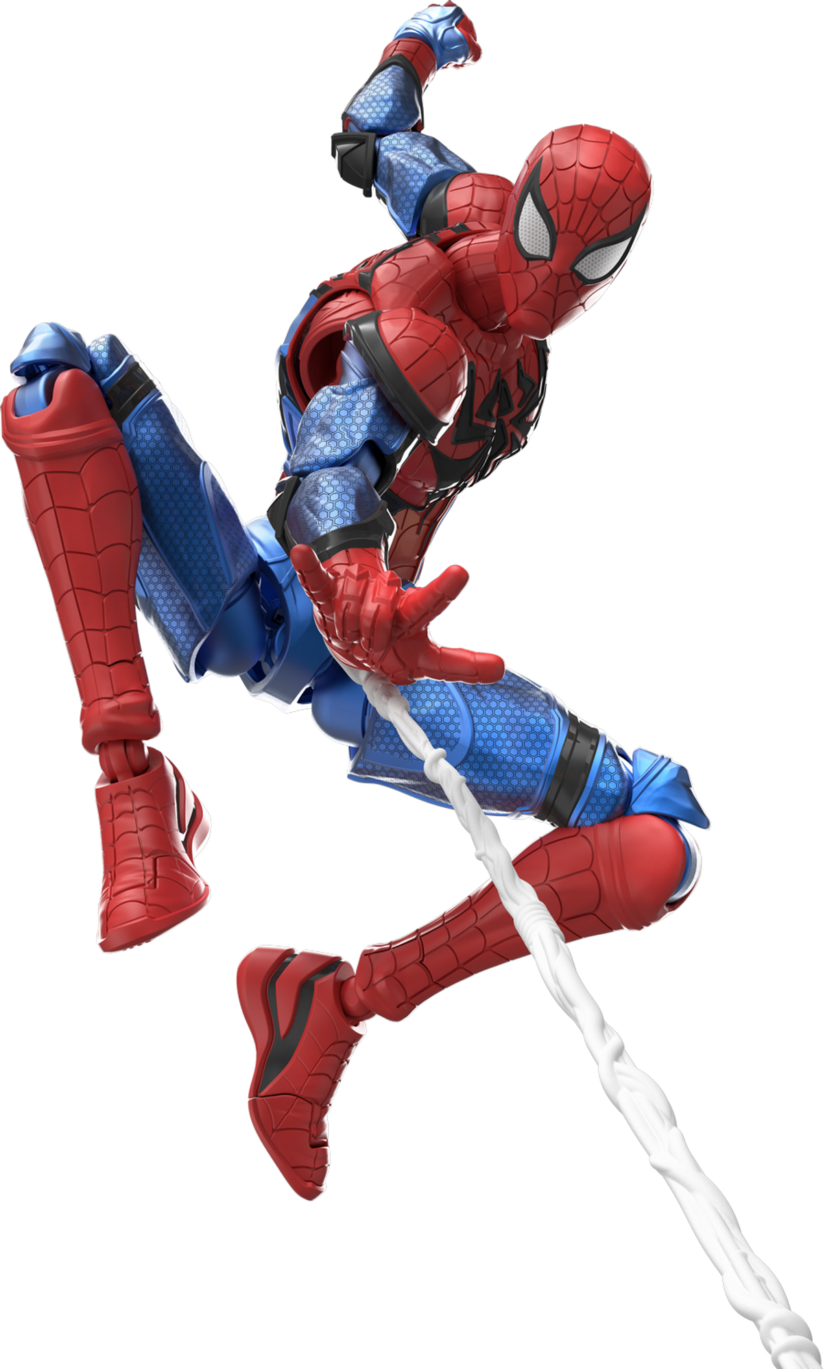 Spider-Man Actionfigur im roten und blauen Anzug schwingt an einem weißen Seil vor schwarzem Hintergrund.