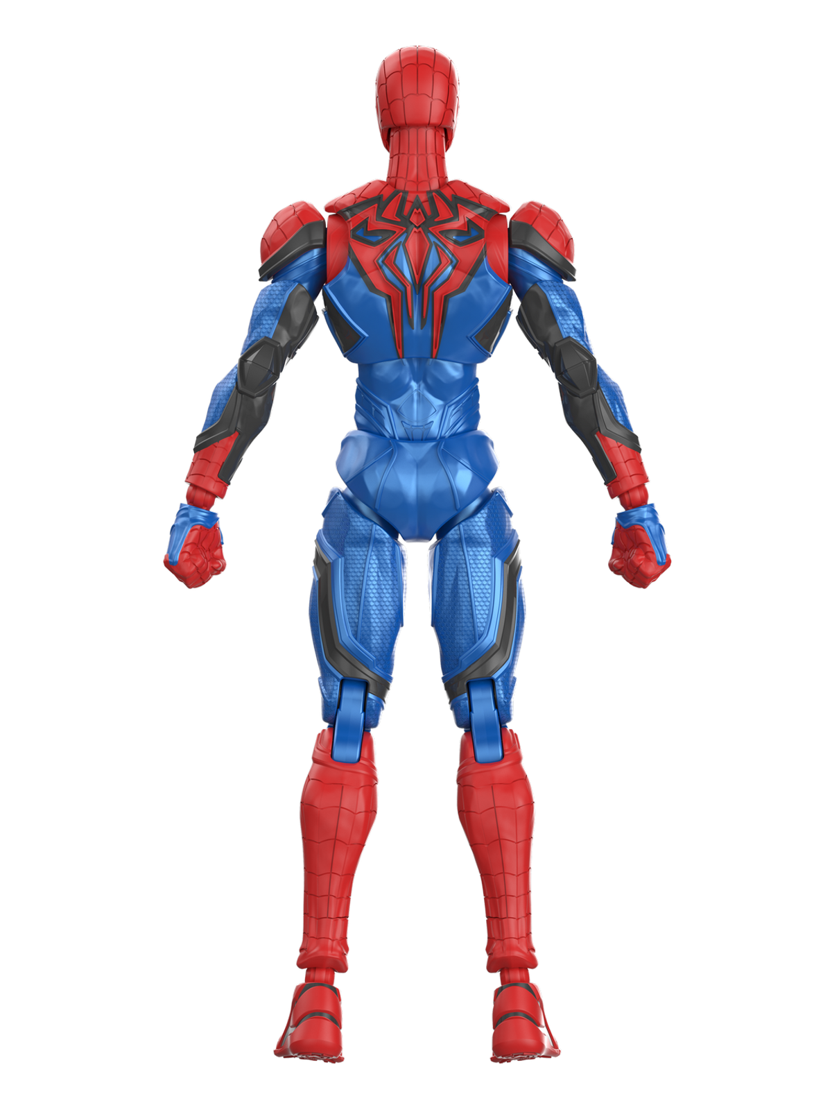 Rückansicht einer rot-blauen Spider-Man-Actionfigur vor schwarzem Hintergrund.