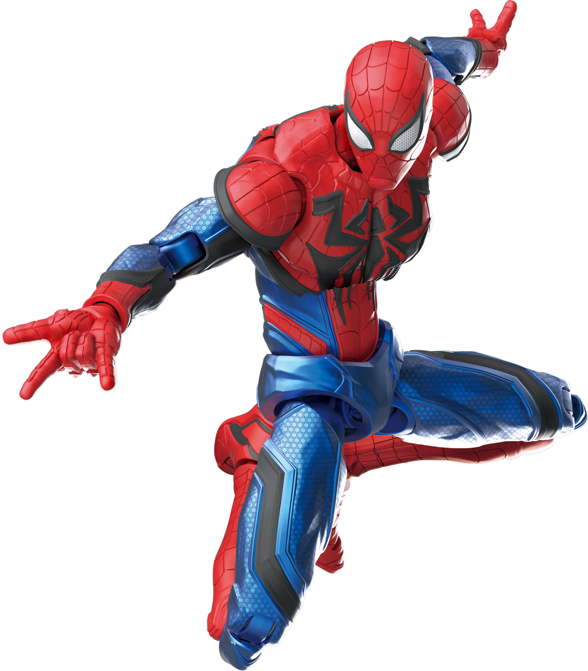 Actionfigur von Spider-Man im rot-blauen High-Tech-Anzug in dynamischer Pose auf schwarzem Hintergrund.