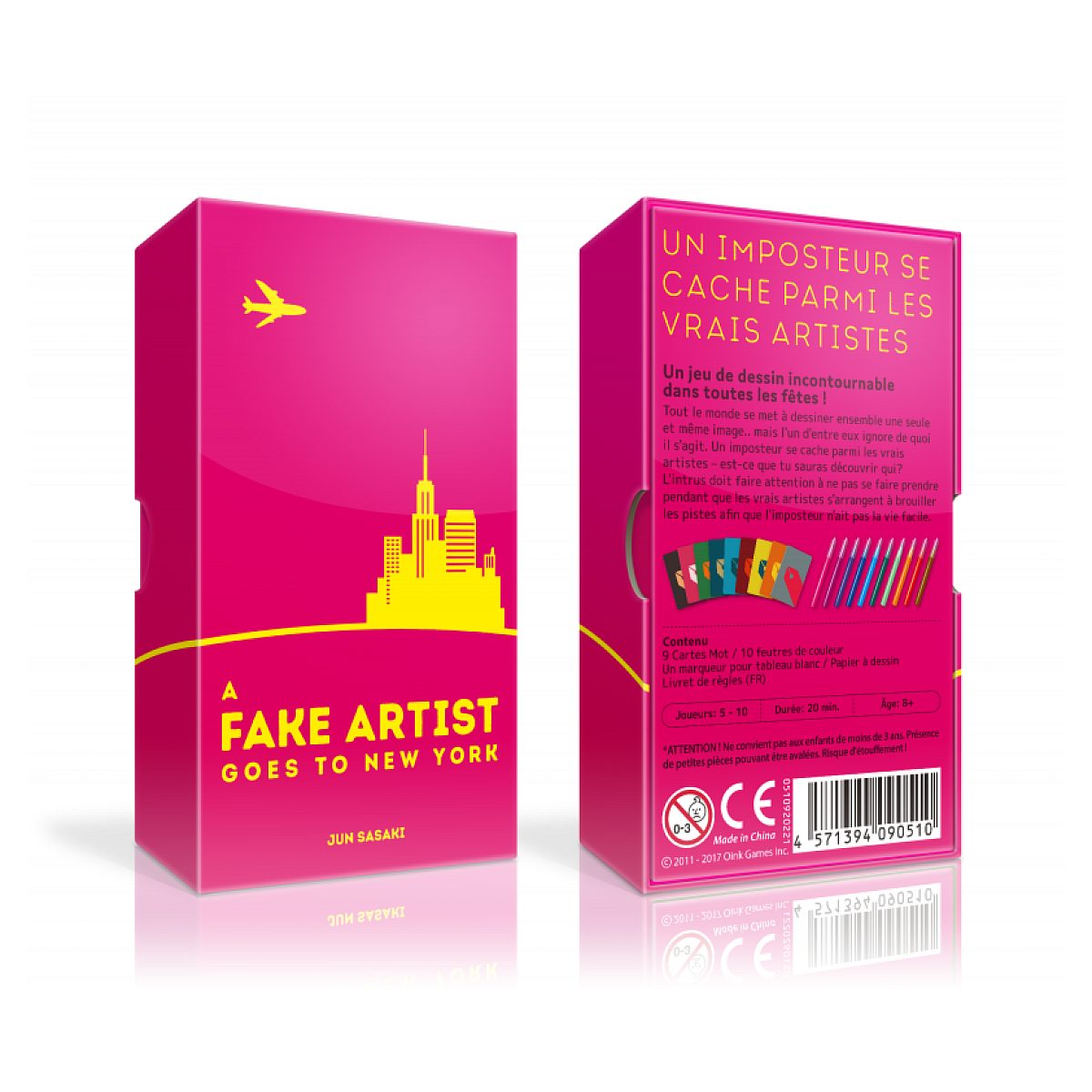 Rosa Spielboxen mit gelber Skyline, Flugzeug und Text für A Fake Artist Goes to New York.
