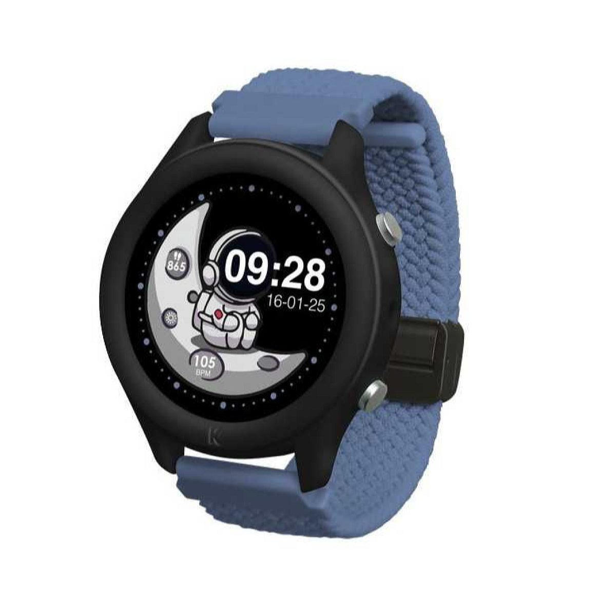 Schwarze Smartwatch mit blauem Textilarmband und einem Zifferblatt mit Astronautenmotiv.