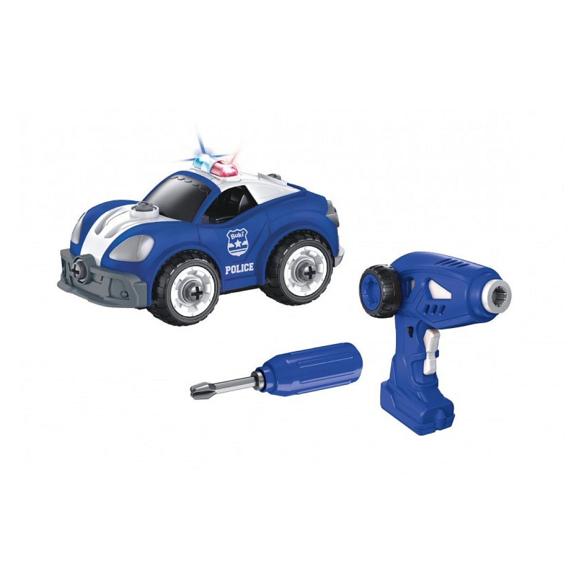 Ein blaues Polizeiauto-Spielzeug mit Blinklichtern, ein blauer Schraubendreher und ein elektrischer Schrauber auf weißem Hintergrund.