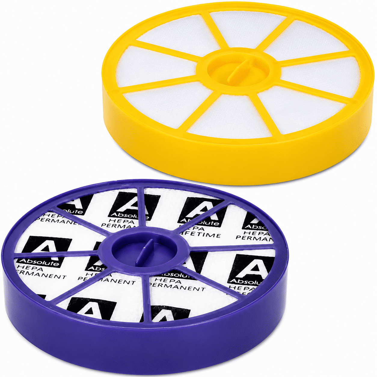 Deux filtres ronds avec cadres en plastique jaune et violet et papier filtre blanc sur fond blanc.