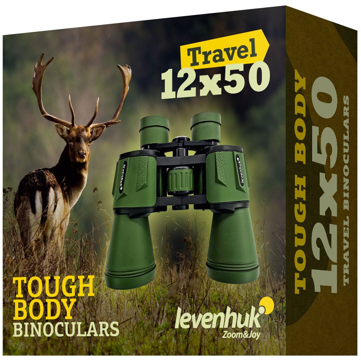 Verpackung für Levenhuk 12x50 Fernglas in Grün mit einem Hirsch im hohen Gras.