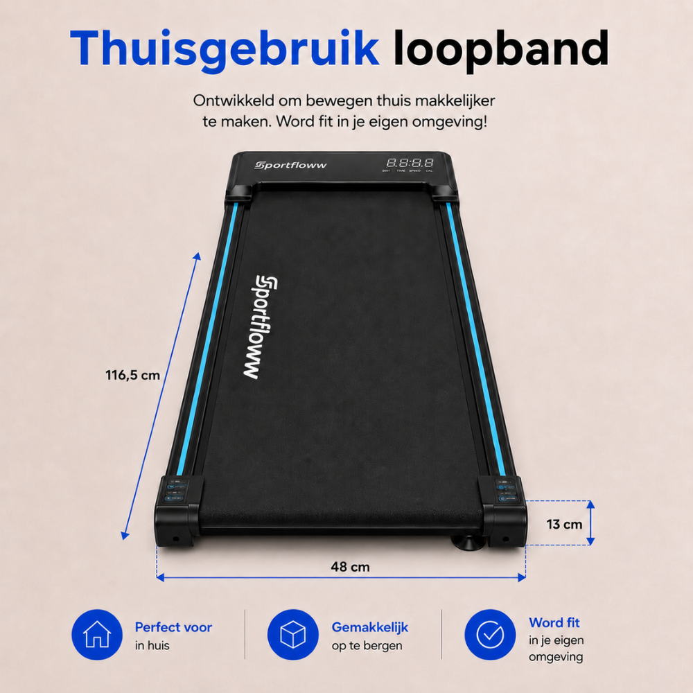 Un tapis de course Sportfloww avec des accents bleus et des mesures pour usage domestique sur fond beige.