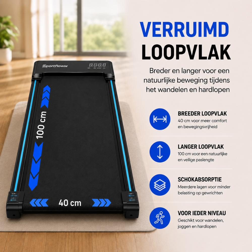 Un tapis de course noir avec des accents bleus, affichant des dimensions de 100 cm sur 40 cm.
