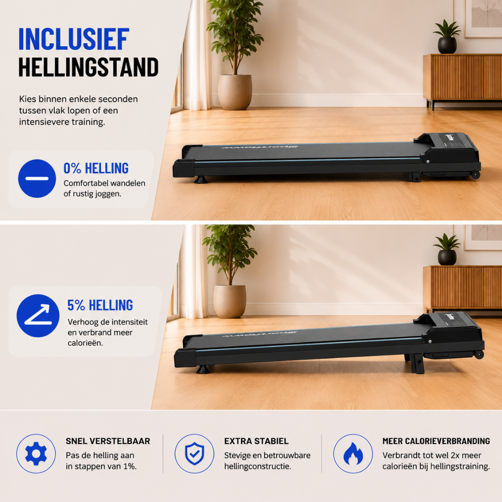 Un tapis de roulage noir sur sol en bois, plat à 0 % d'inclinaison et incliné à 5 %.