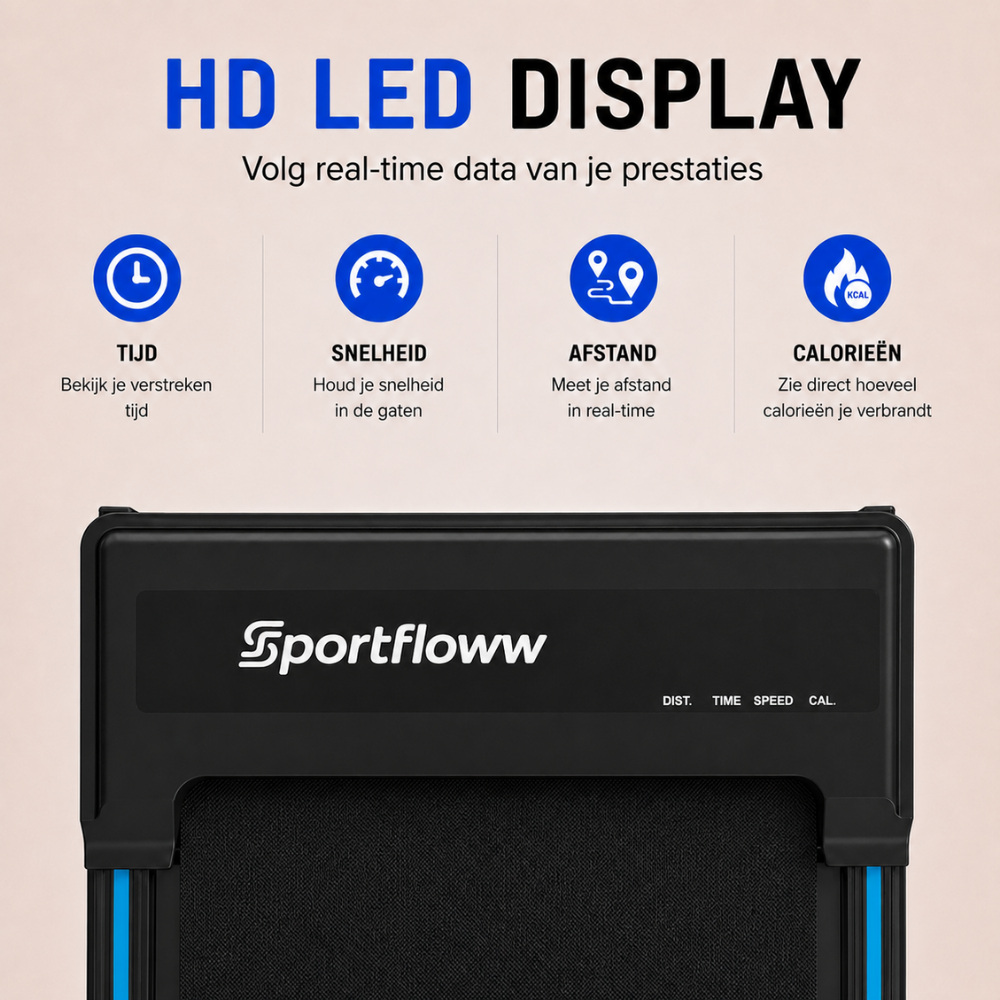 Écran LED HD pour les données de performance en temps réel avec des icônes pour le temps, la vitesse, la distance et les calories.