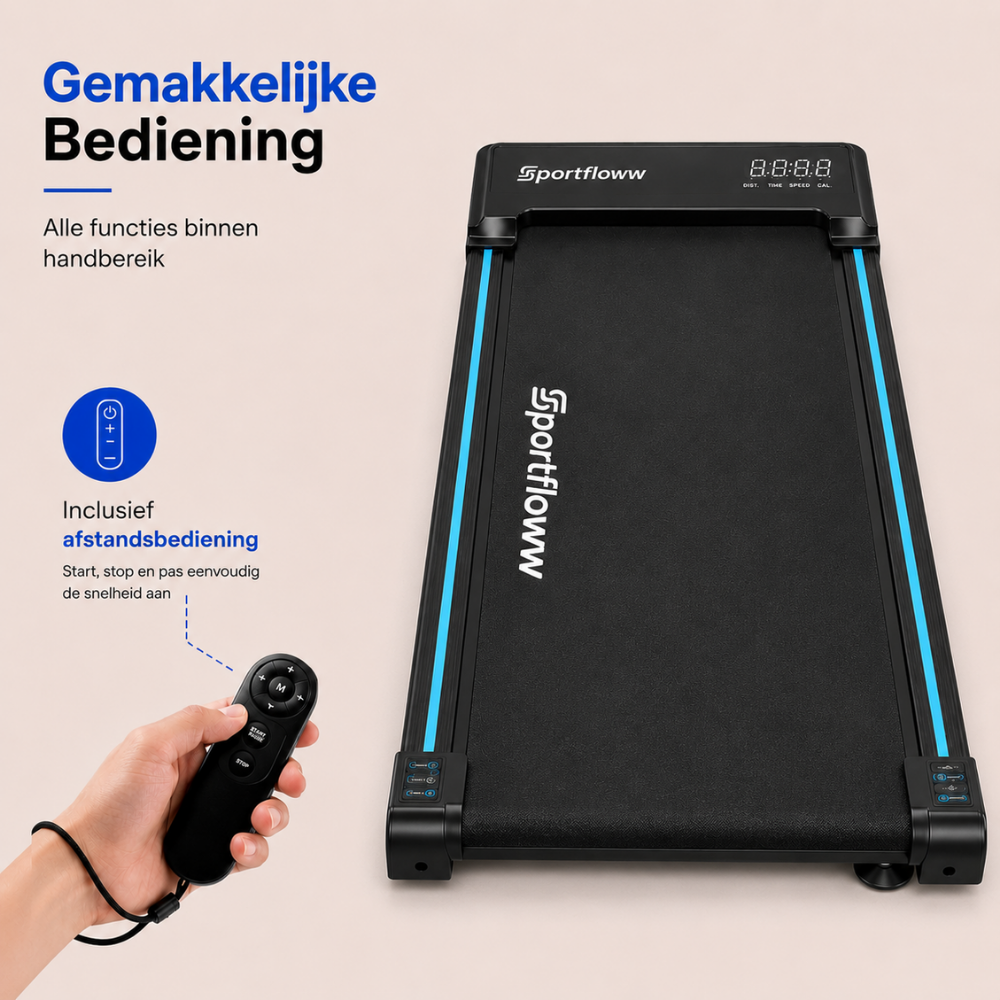 Un tapis de course Sportfloww avec des accents bleus et une télécommande en main.
