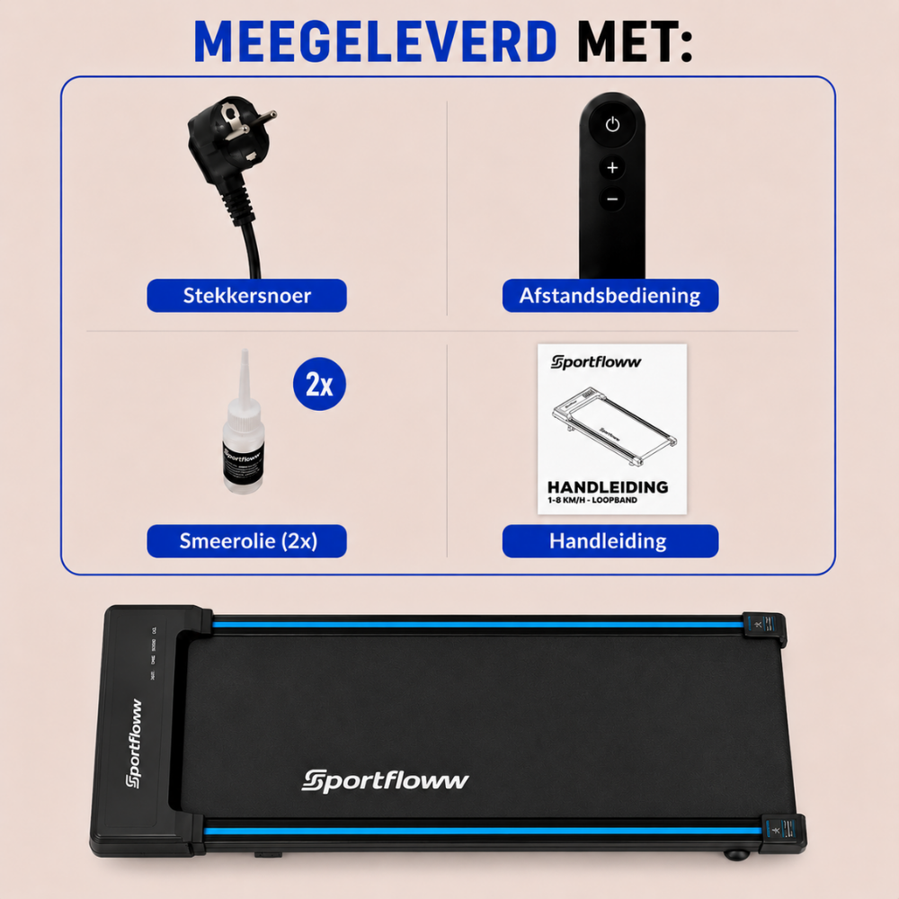 Accessoires inclus pour un tapis de course Sportfloww, incluant cordon, télécommande, huile et manuel.