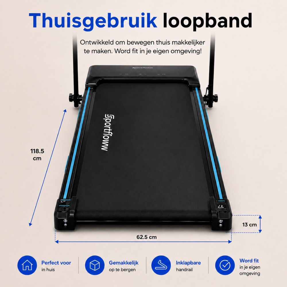 Tapis de course noir avec bandes bleues, mesures et texte sur fond clair.