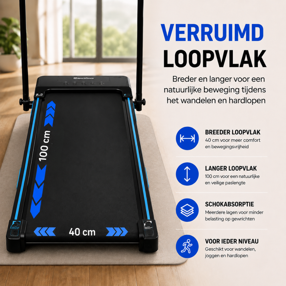 Un tapis de course noir avec des accents bleus et du texte sur ses dimensions.