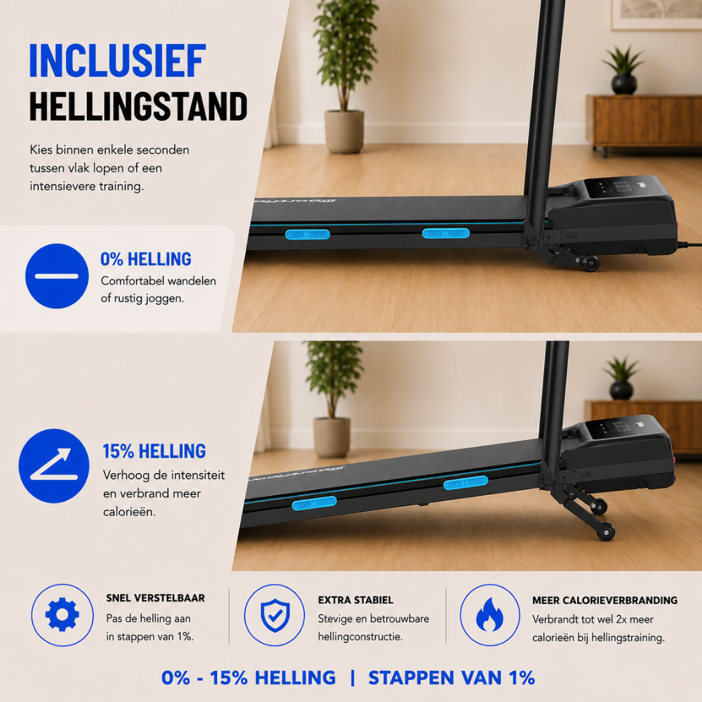 Tapis de course avec inclinaison réglable de 0% à 15%, texte et icônes bleus sur fond clair.