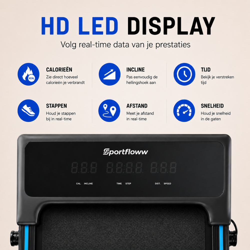 Un écran LED HD sur un tapis de course affiche des données en temps réel telles que les calories, l'inclinaison et la vitesse.