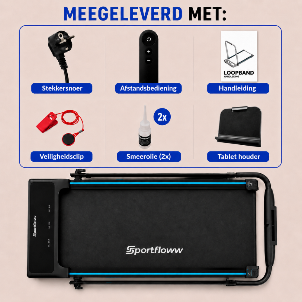 Un tapis de marche noir Sportfloww avec six accessoires présentés au-dessus.